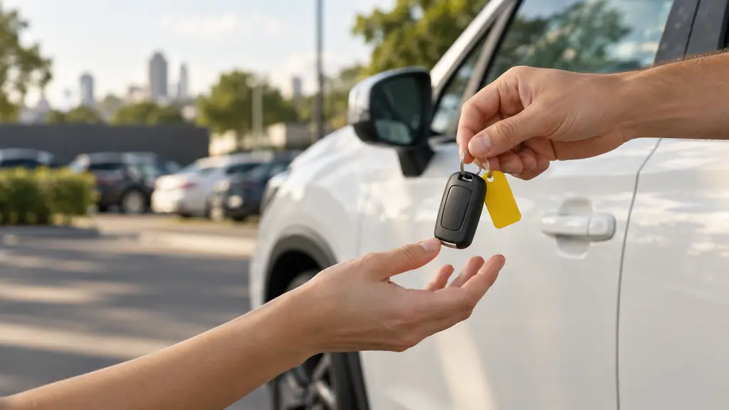 A car key on a yellow tag being handed over beside a white car.